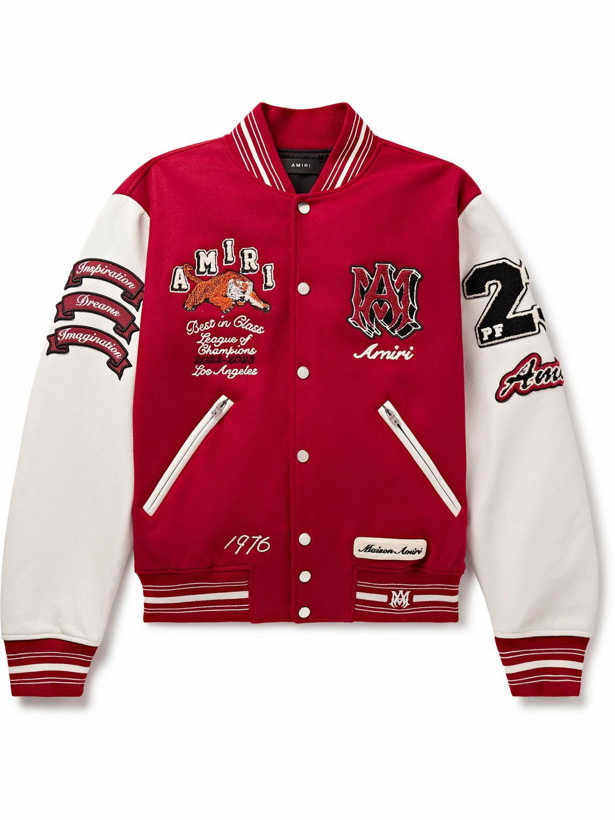 Photo: AMIRI - Appliquéd Embroidered Wool-Blend Twill and Leather Varsity Jacket - Red