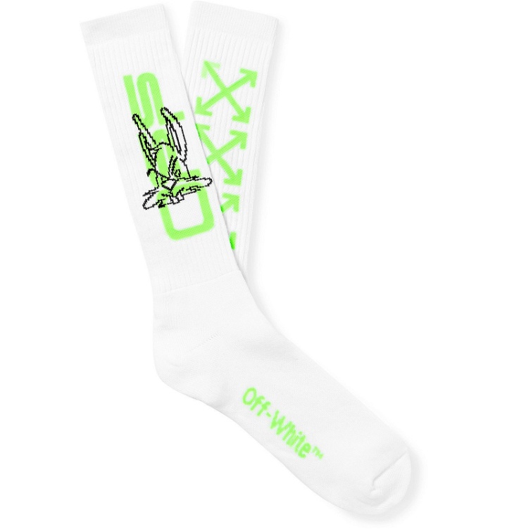 Photo: Off-White - Harry the Bunny Logo-Intarsia Ribbed Cotton-Blend Socks - White
