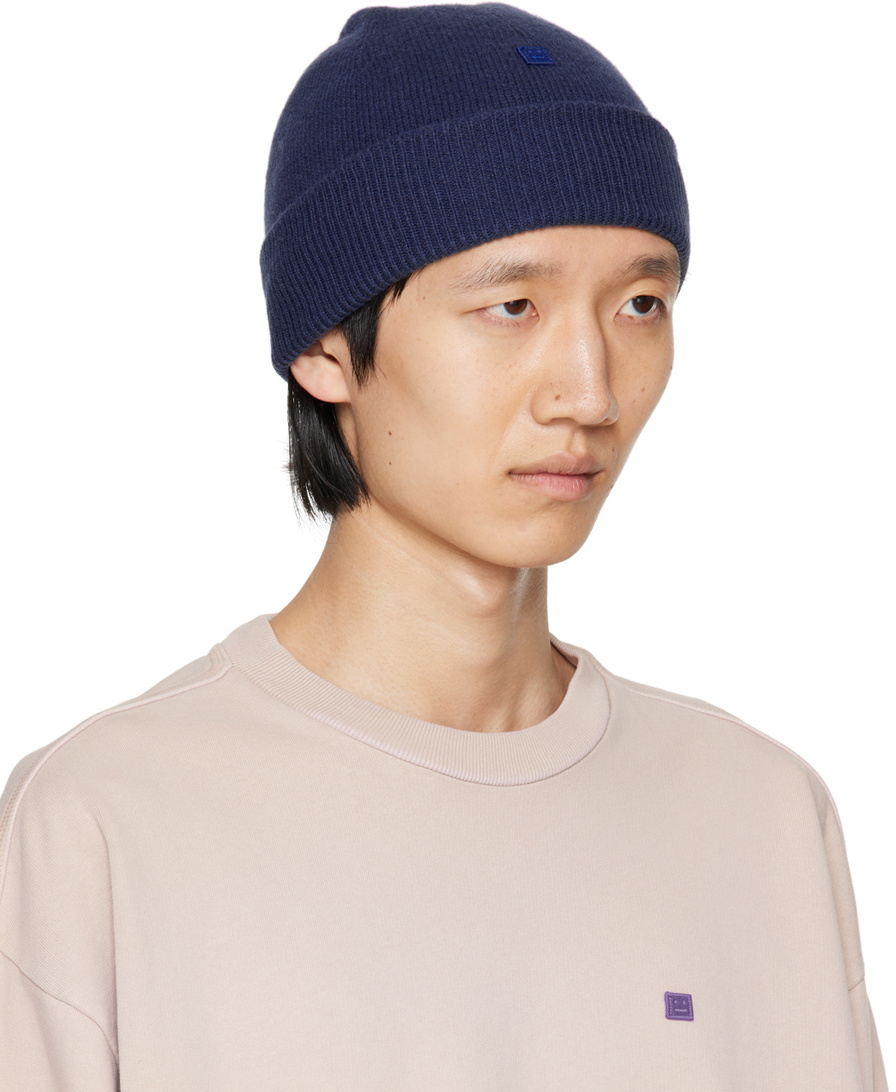 Acne Studios Navy Beanie Acne Studios - Large face logo beanie - Yak - Navy melange main image 4