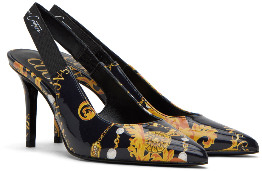 Versace Women's Black Gold Medusa Logo Leather Heeled Pumps Shoes