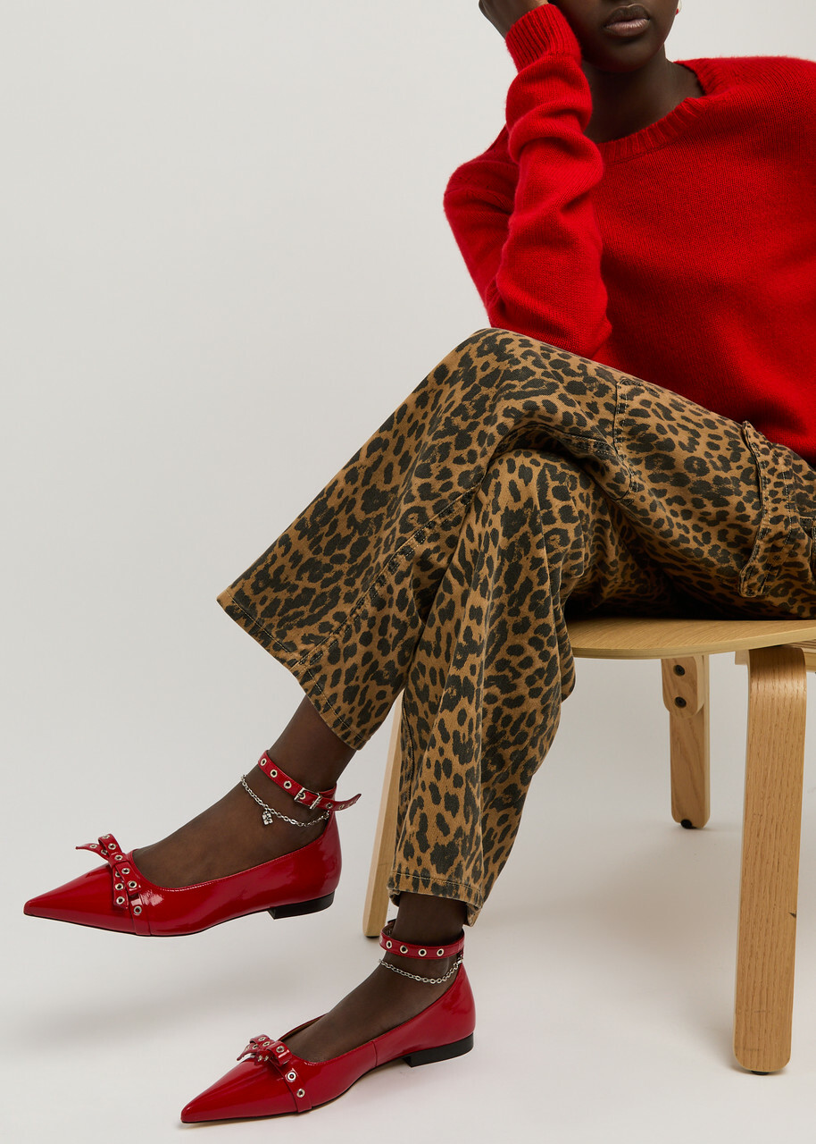Ganni Chain-embellished Patent Faux Leather Flats Red GANNI