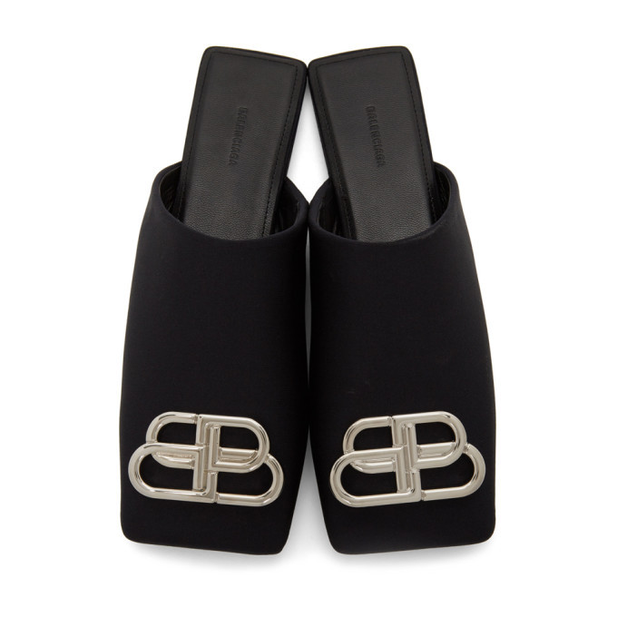 Balenciaga Black Satin Square BB Mules Balenciaga