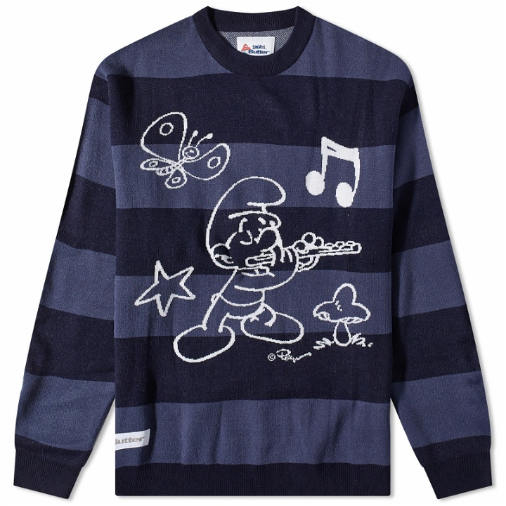 Photo: Butter Goods x The Smurfs Flute Crew Knit in Navy