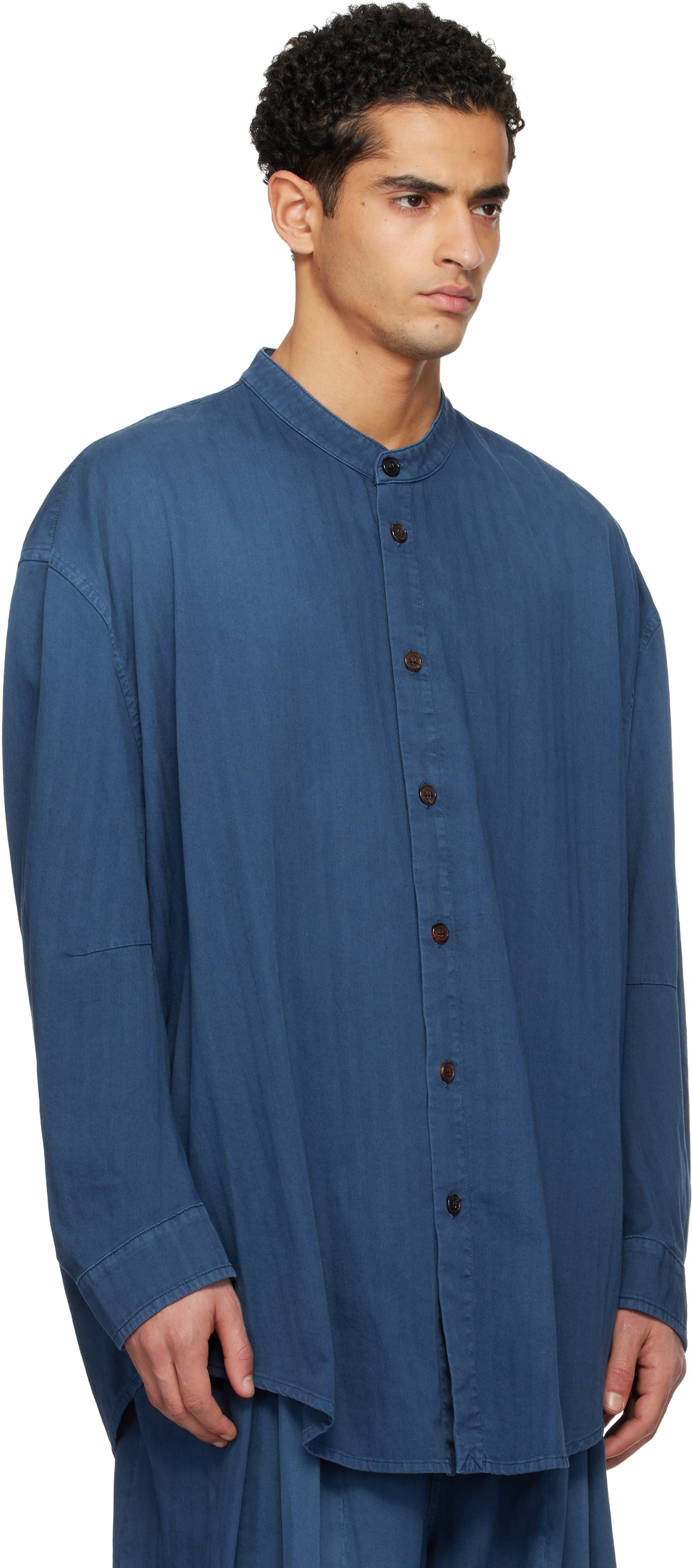 Hed Mayner Blue Herringbone Denim Shirt
