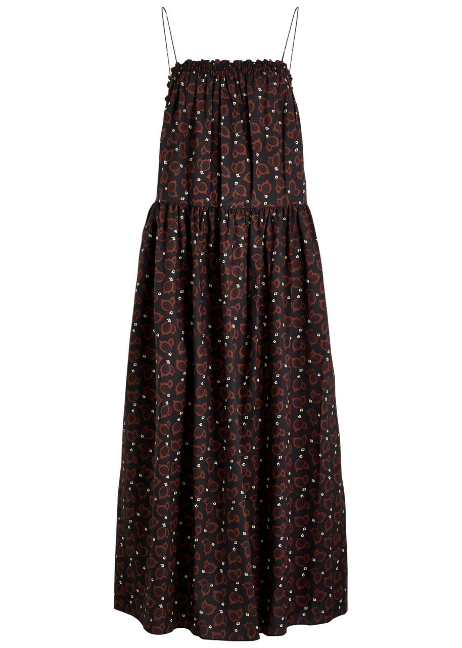 Matteau Printed Gathered Cotton Maxi Dress Black Matteau