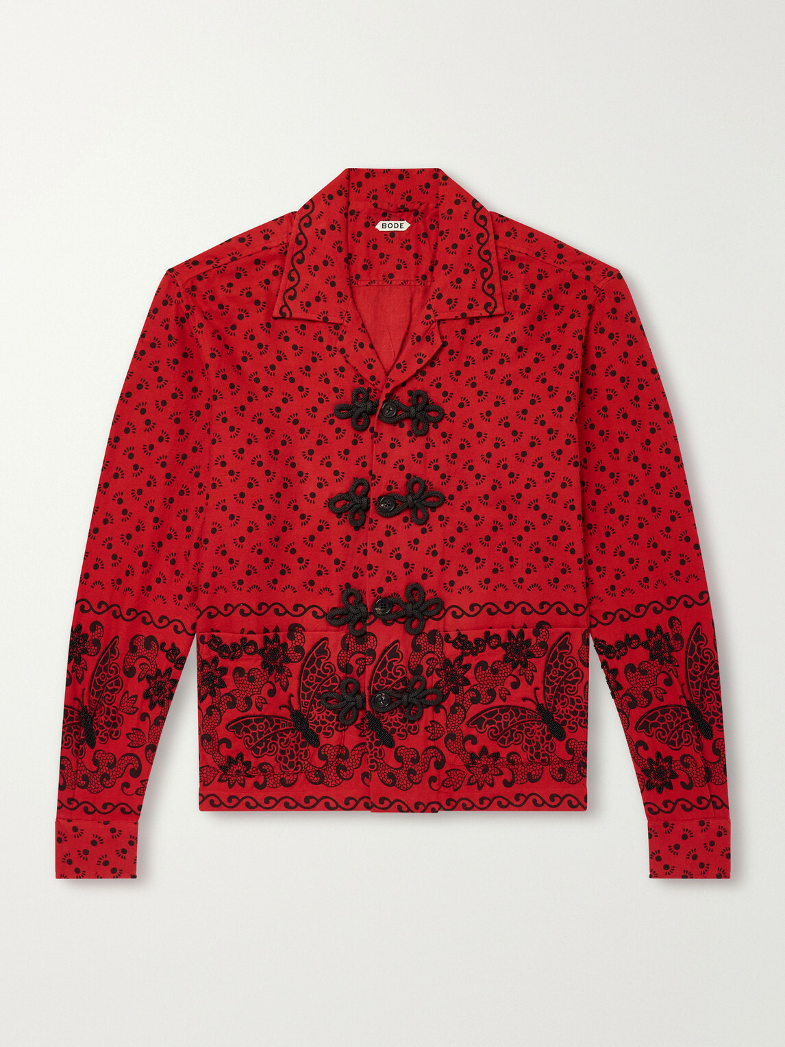 BODE - Camp-Collar Embellished Printed Cotton-Poplin Shirt - Red