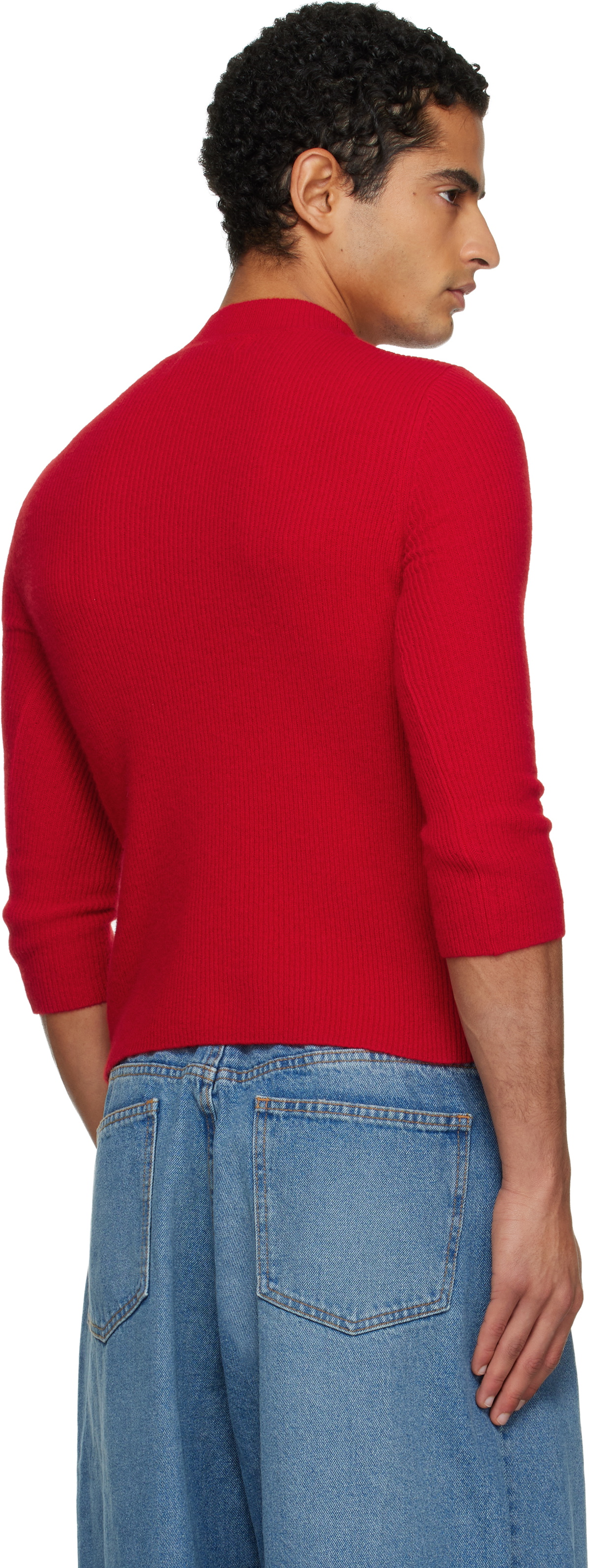 ALAINPAUL Red Knit 3/4 Sleeves Crewneck Sweater