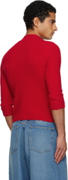 ALAINPAUL Red Knit 3/4 Sleeves Crewneck Sweater