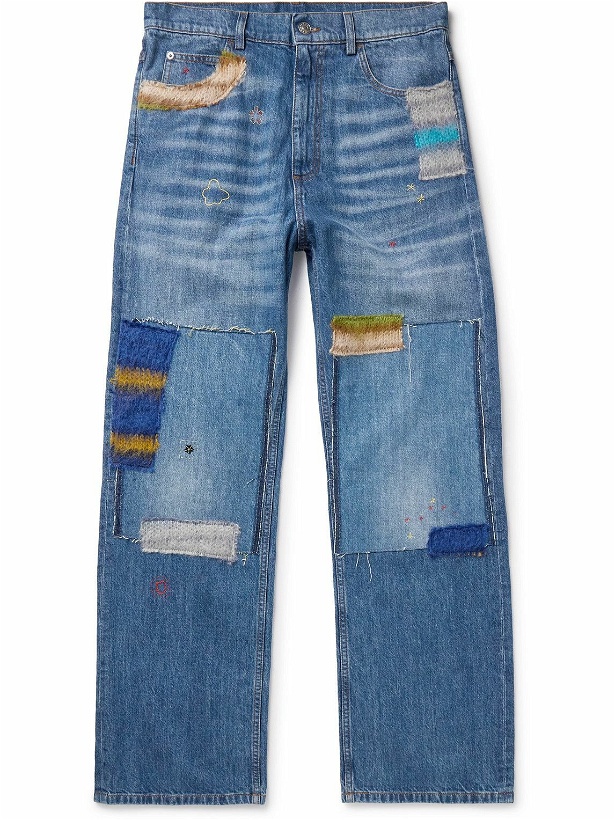 Photo: Marni - Straight-Leg Embroidered Mohair-Blend Trimmed Patchwork Jeans - Blue