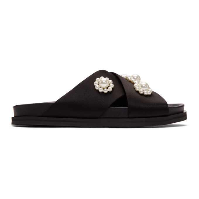 Simone Rocha Black Satin Beaded Slides Simone Rocha