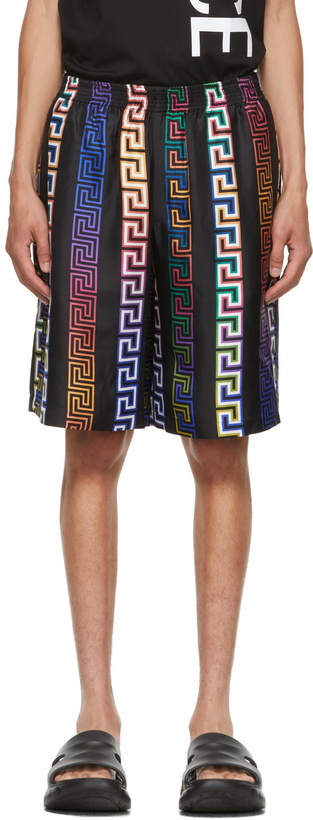 Photo: Versace Black Silk Greca Neon Shorts