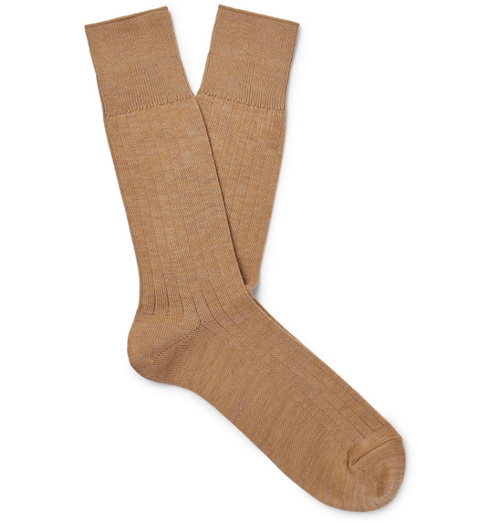 Photo: Mr P. - Ribbed Cotton-Blend Socks - Brown