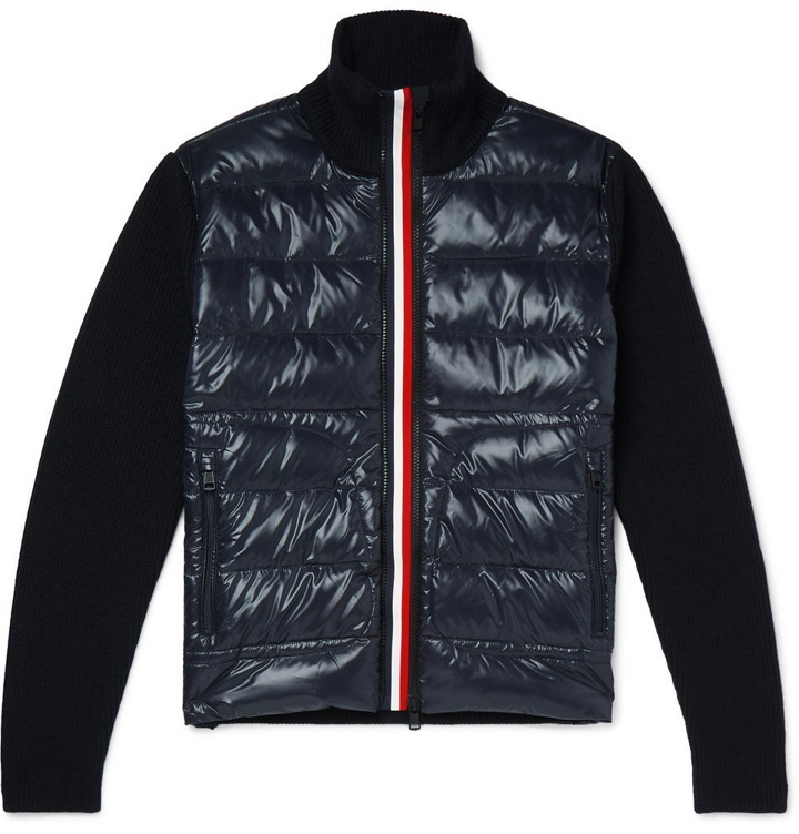 Photo: Moncler - Panelled Virgin Wool-Blend and Quilted Shell Down Zip-Up Cardigan - Navy