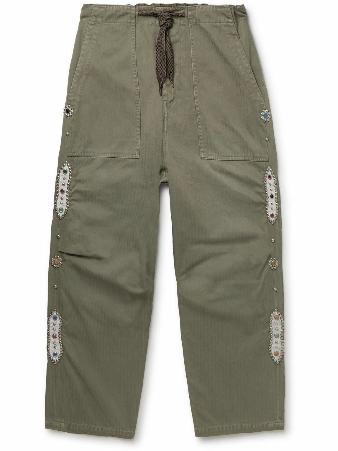 KAPITAL - Sulfur Straight-Leg Embellished Herringbone Cotton-Blend  Drawstring Trousers - Green KAPITAL