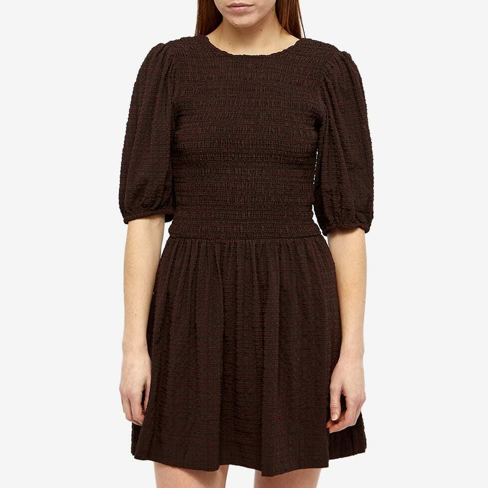 ★Ganni★ Stretch seersucker smoke mini one piece chicory co GANNI Women's Stretch Seersucker Smock Mini Dress in Chicory