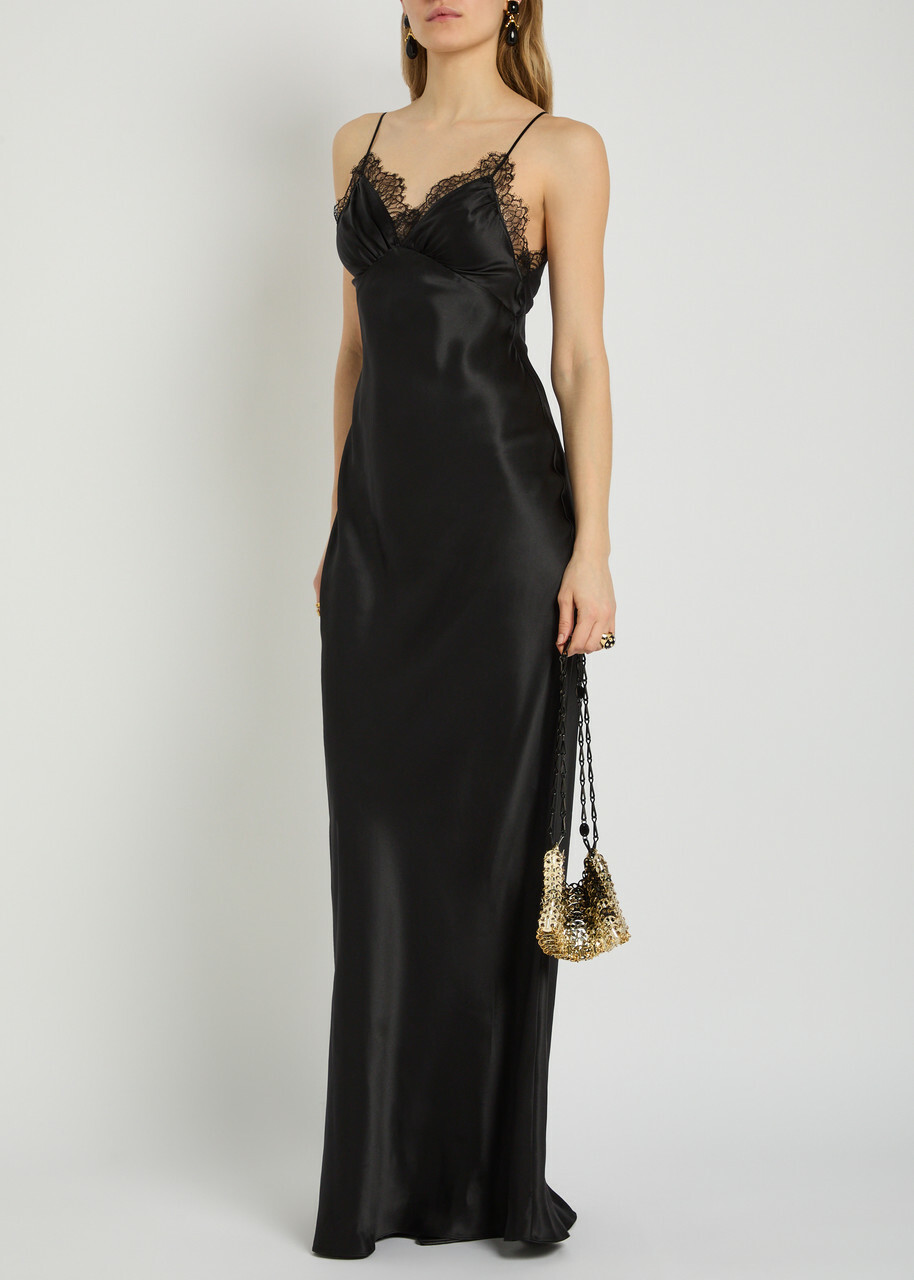 Nili Lotan Sylas Lace-trim Silk Maxi Slip Dress Black