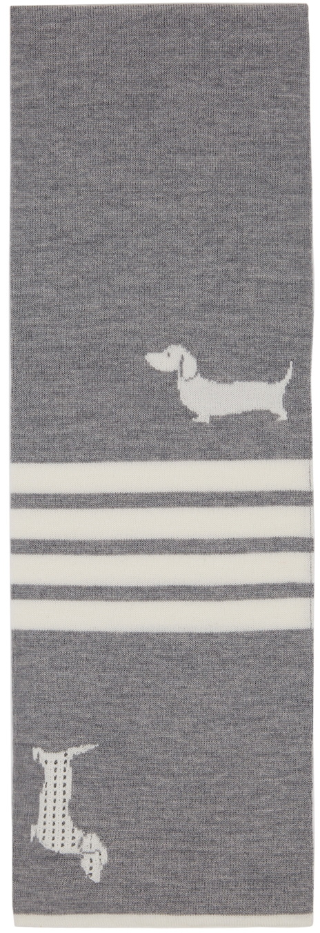 Thom Browne Grey Intarsia Hector Icon Half Drop 4-Bar Scarf