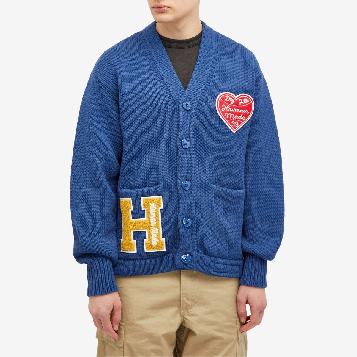 美品 HUMAN MADE Knit College Cardigan XL Human Made Men's Knitted College Cardigan in Blue Human Made