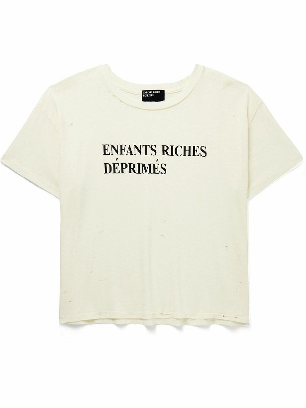 Photo: Enfants Riches Déprimés - Cropped Distressed Logo-Print Cotton-Jersey T-Shirt - Neutrals