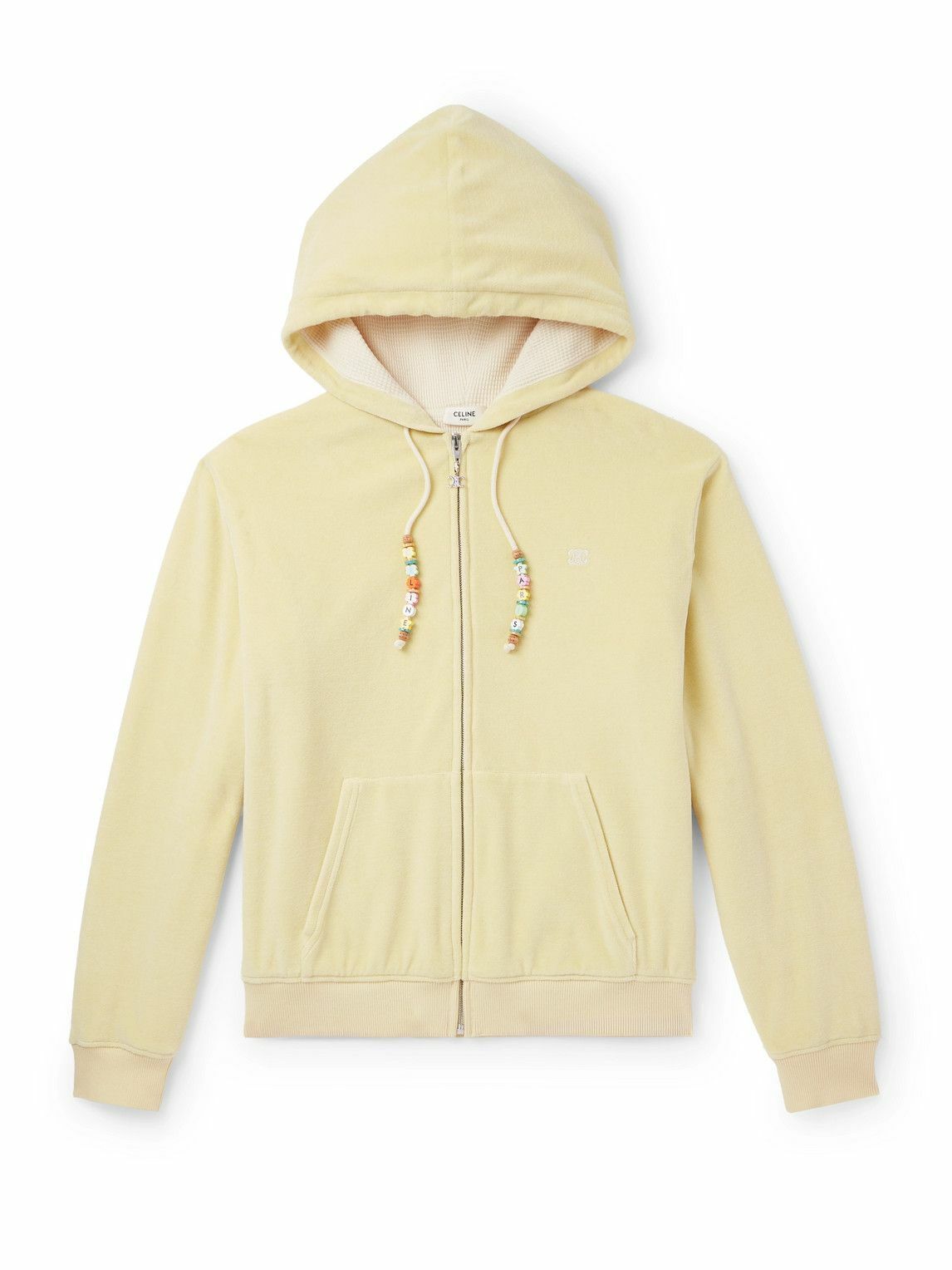 CELINE - Logo-Embroidered Cotton-Blend Velour Zip-Up Hoodie - Yellow