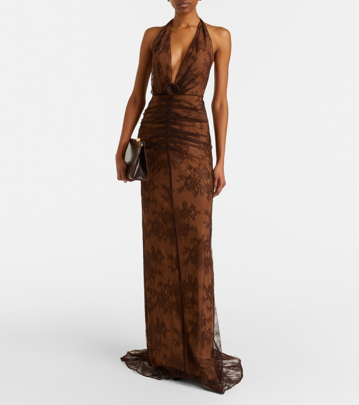 De La Vali Amora scarf-detail ruched lace maxi dress