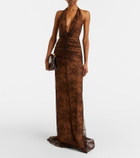 De La Vali Amora scarf-detail ruched lace maxi dress