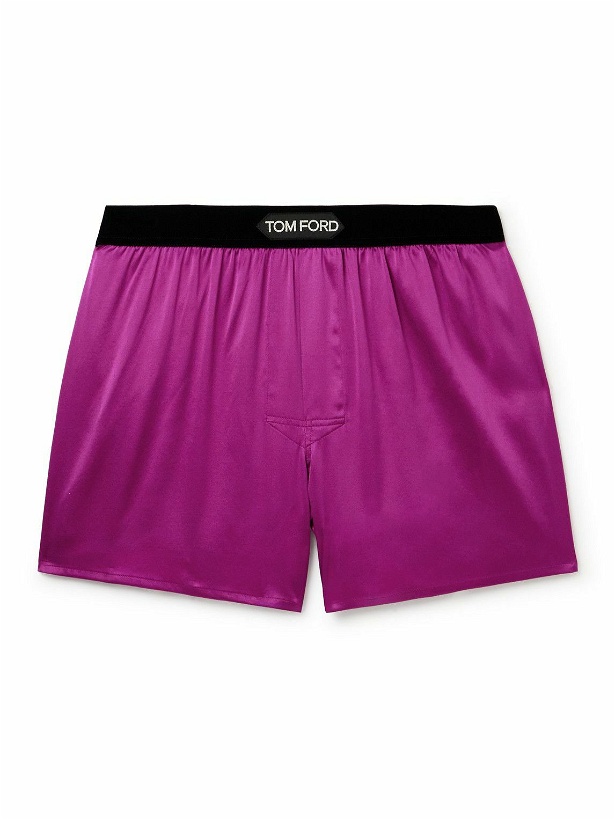 Photo: TOM FORD - Velvet-Trimmed Stretch-Silk Satin Boxer Shorts - Purple