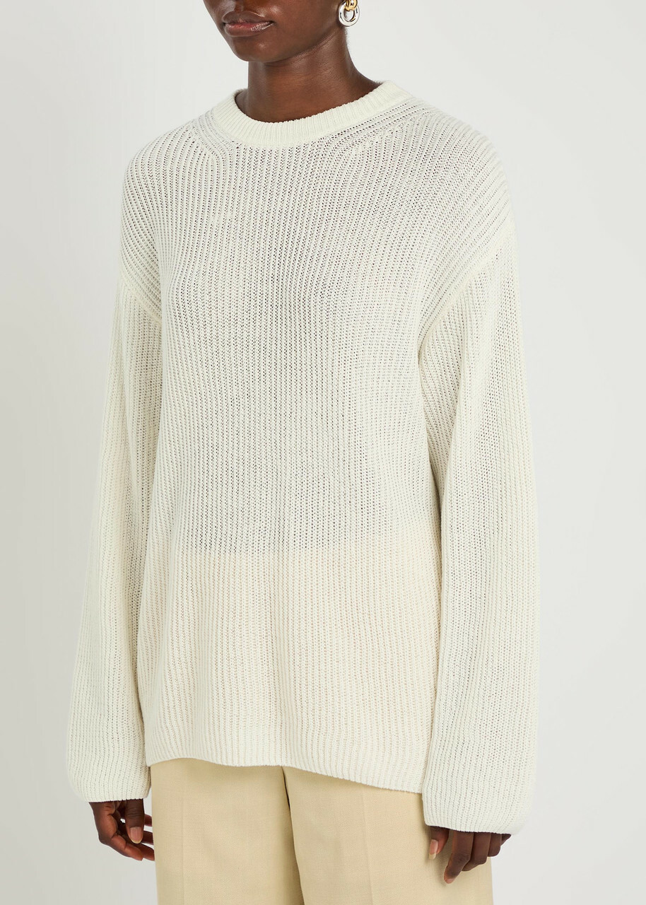 Another Tomorrow Open-knit Cotton and Linen-blend Jumper Off White
