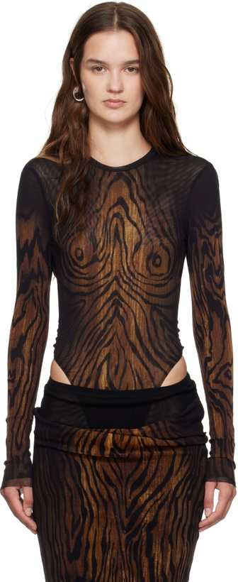 Photo: Jean Paul Gaultier Black Mesh Double Layer Printed Wood Bodysuit