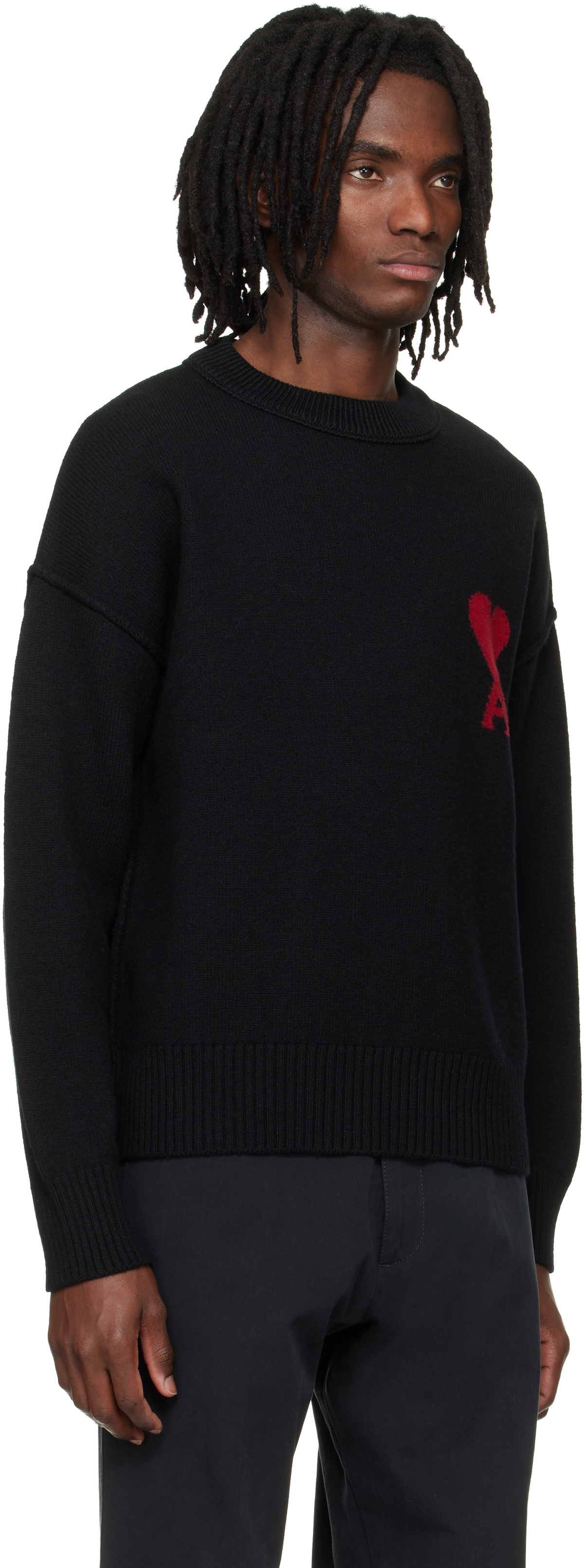 AMI Paris Black Wool Contrasted Ami de Coeur Crewneck Sweater