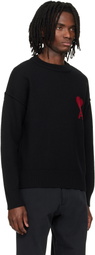 AMI Paris Black Wool Contrasted Ami de Coeur Crewneck Sweater