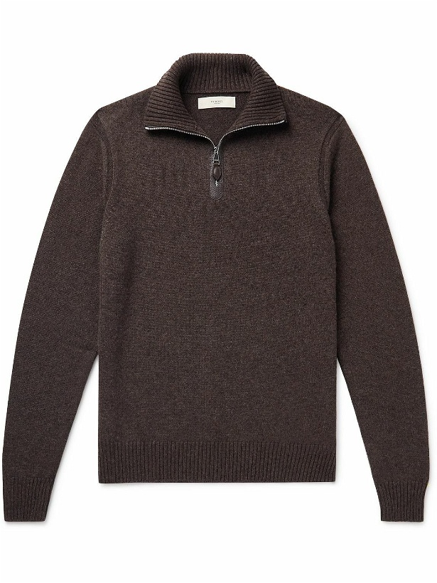 Photo: Purdey - Leather-Trimmed Cashmere Half-Zip Sweater - Brown
