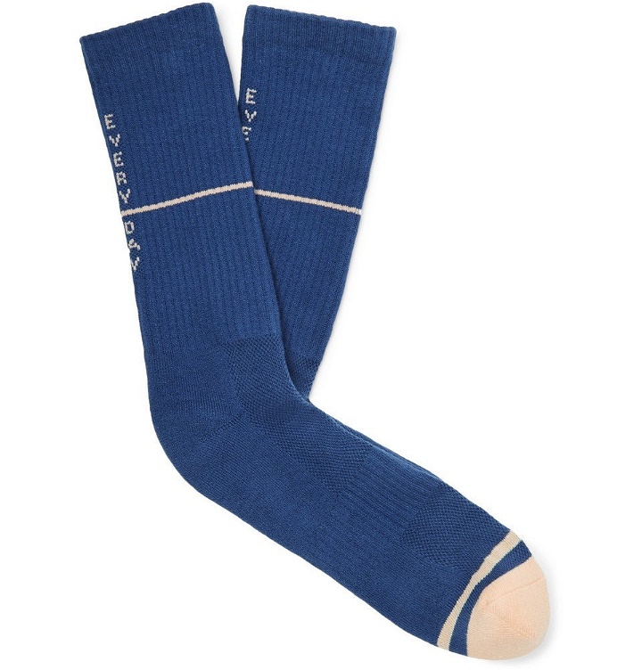 Photo: N/A - Ribbed Intarsia Stretch Cotton-Blend Socks - Blue