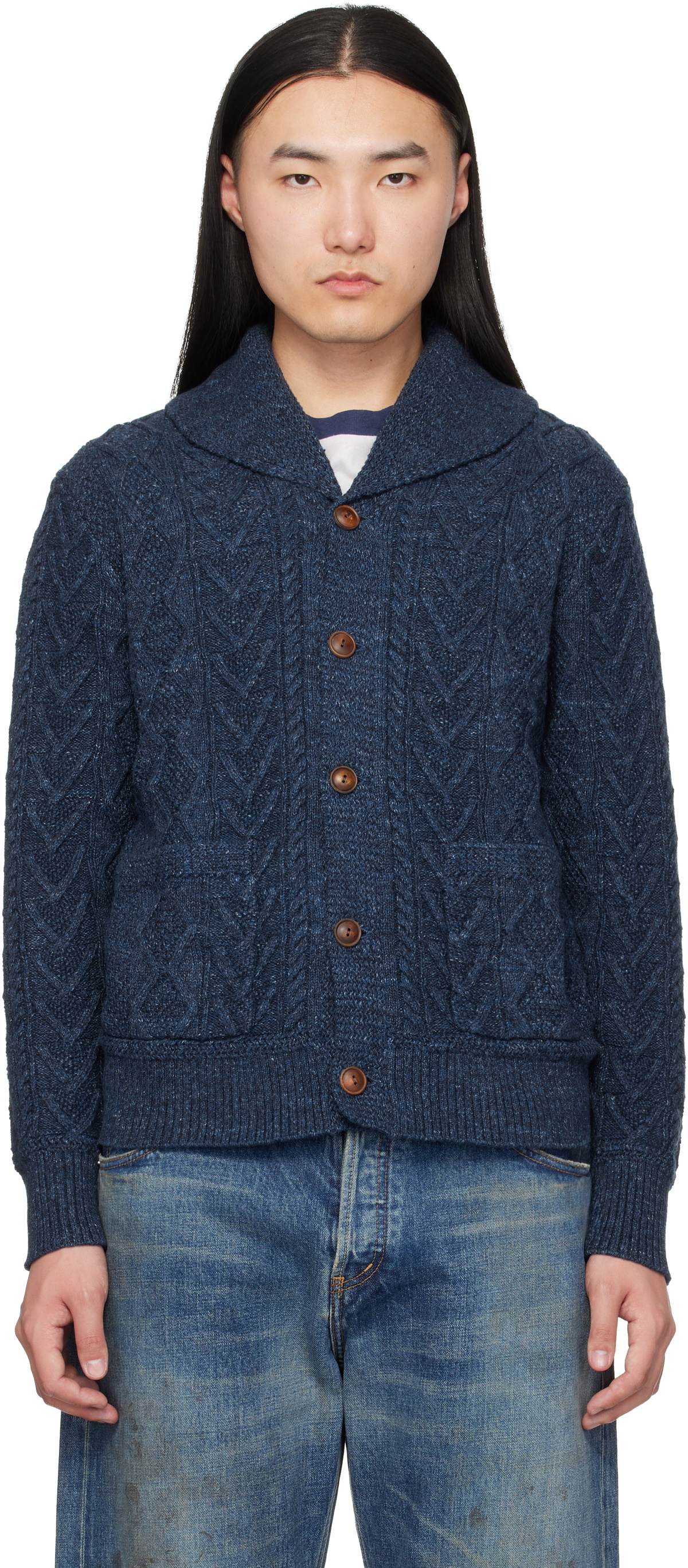 RRL Navy Aran-Knit Cotton Cardigan