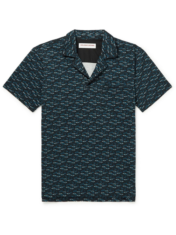 Photo: Orlebar Brown - Slim-Fit Camp-Collar Printed Cotton-Piqué Polo Shirt - Blue