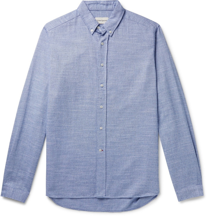 Photo: OLIVER SPENCER - Brook Button-Down Collar Mélange Brushed-Cotton Shirt - Blue