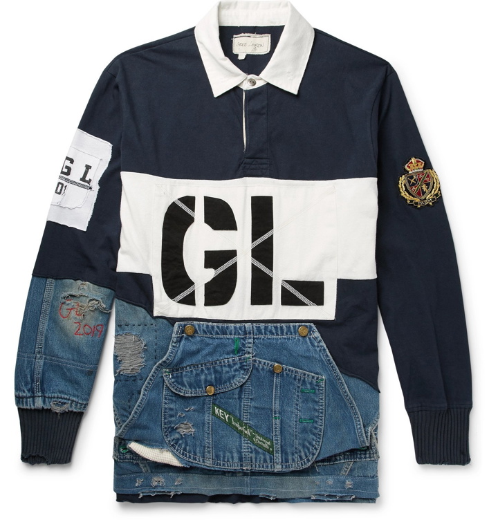 Photo: Greg Lauren - Panelled Distressed Cotton-Jersey and Denim Rugby Shirt - Blue