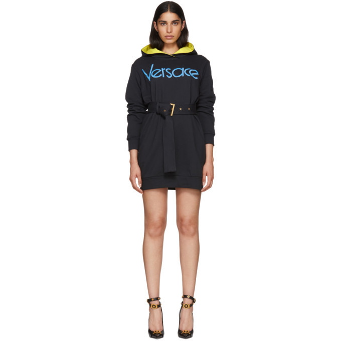 Photo: Versace Navy Embroidered Logo Hoodie Dress