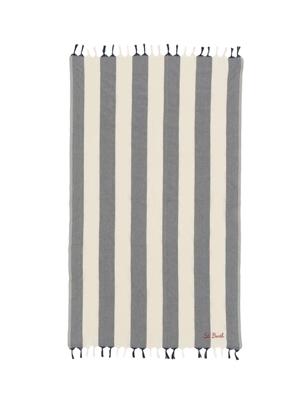 Photo: MC2 Saint Barth Light Cotton Beach Towel Fouta With Navy Blue Striped Print