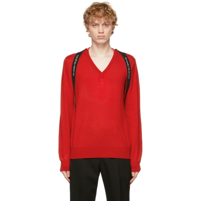 Photo: Alexander McQueen Red Logo Strap V-Neck Sweater