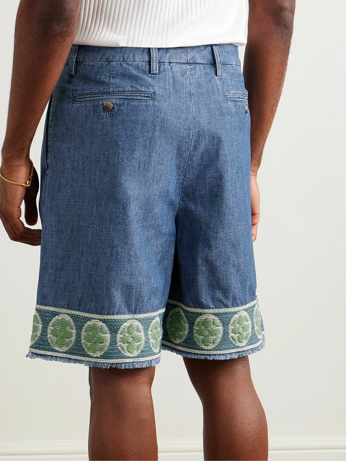 Valentino Garavani - Wide-Leg Pleated Embroidered Denim Shorts - Blue