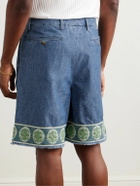 Valentino Garavani - Wide-Leg Pleated Embroidered Denim Shorts - Blue