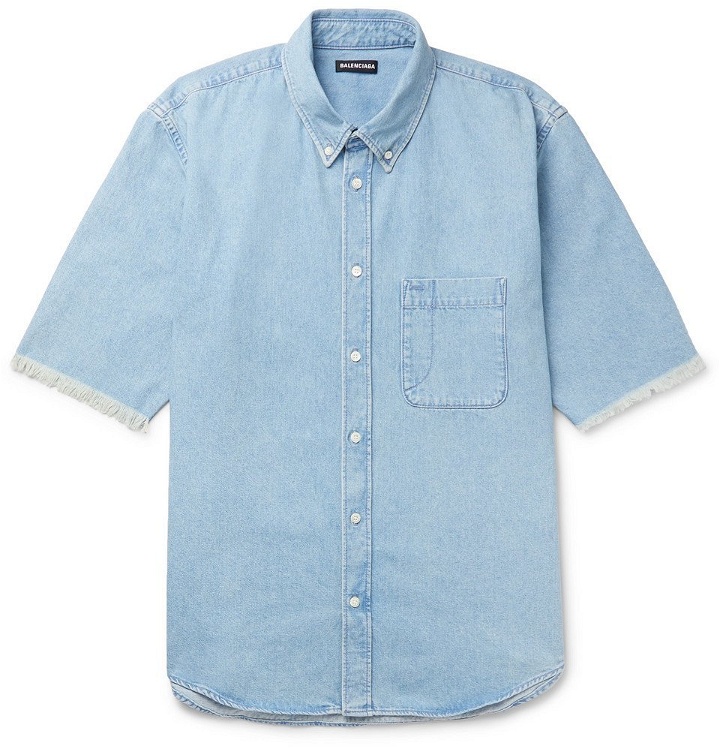 Photo: Balenciaga - Button-Down Collar Distressed Logo-Print Denim Shirt - Blue