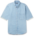 Balenciaga - Button-Down Collar Distressed Logo-Print Denim Shirt - Blue