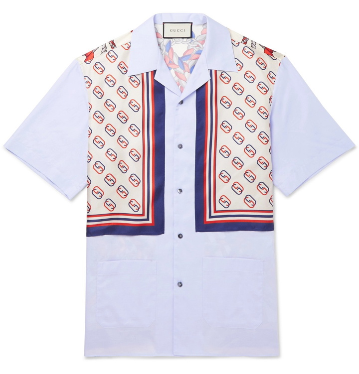 Photo: Gucci - Camp-Collar Logo-Print Silk-Twill and Cotton Shirt - Blue