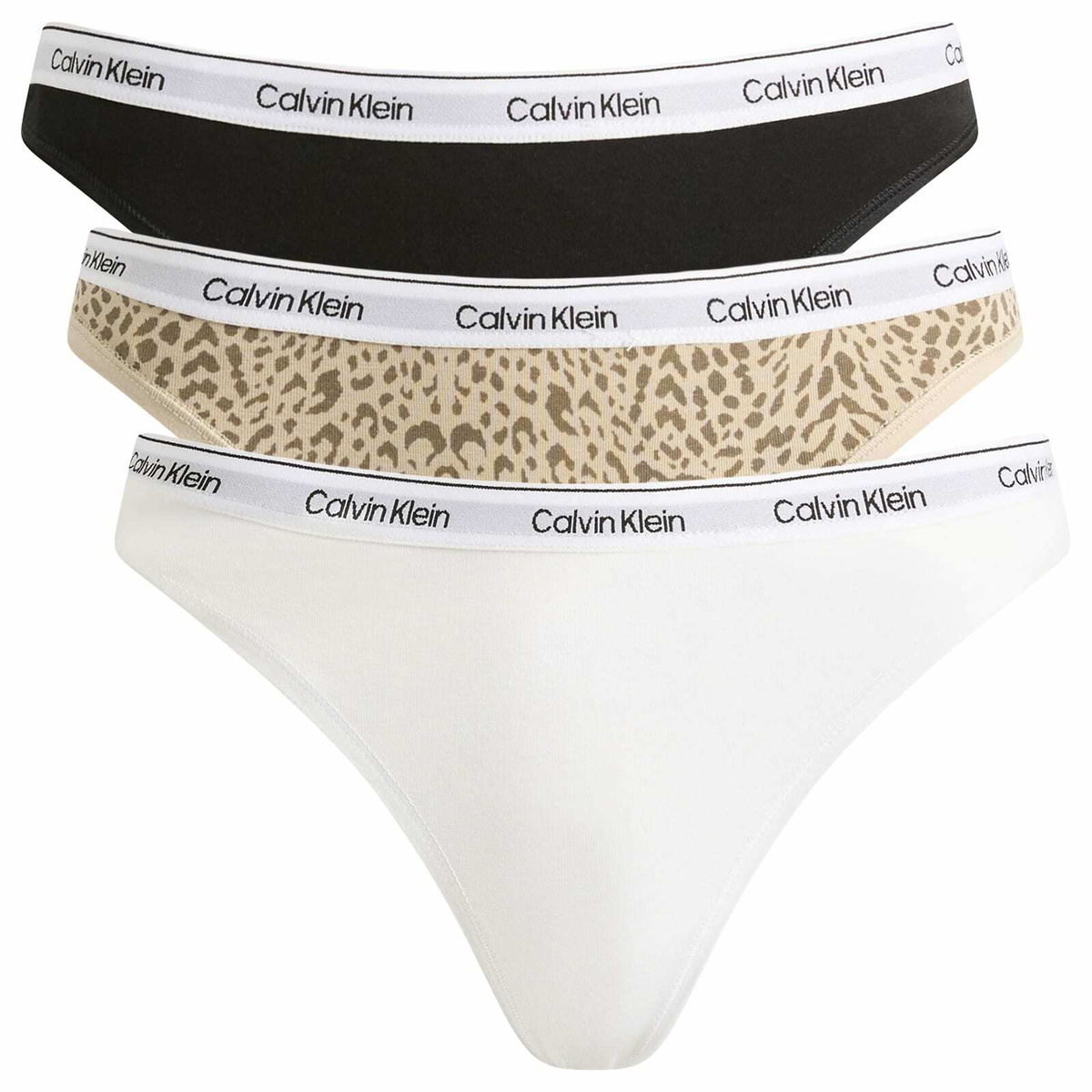 Calvin Klein Women's Icon Thong - 3 Pack in Black/White/Animal Mirror Oxford Tan