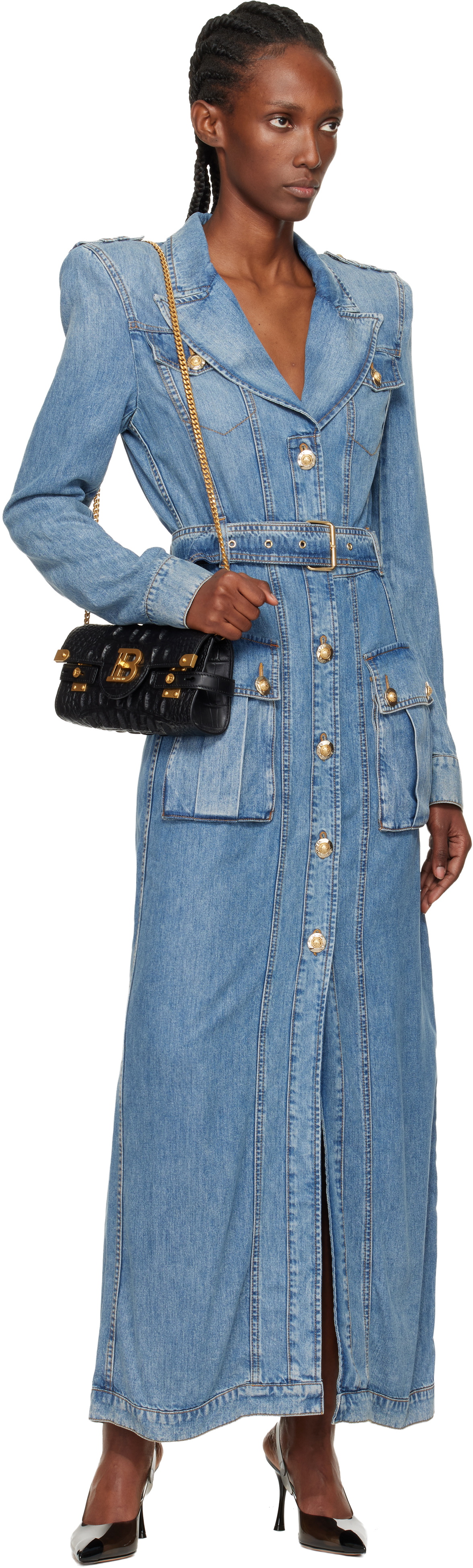 Balmain Blue Belted Long Denim Coat