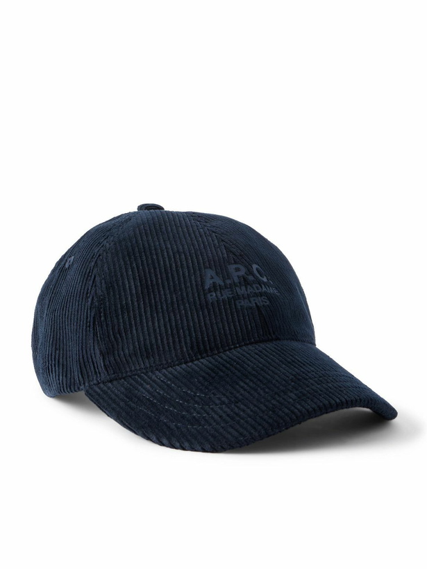 Photo: A.P.C. - Charlie Rue Madame Logo-Print Cotton-Corduroy Baseball Cap - Blue