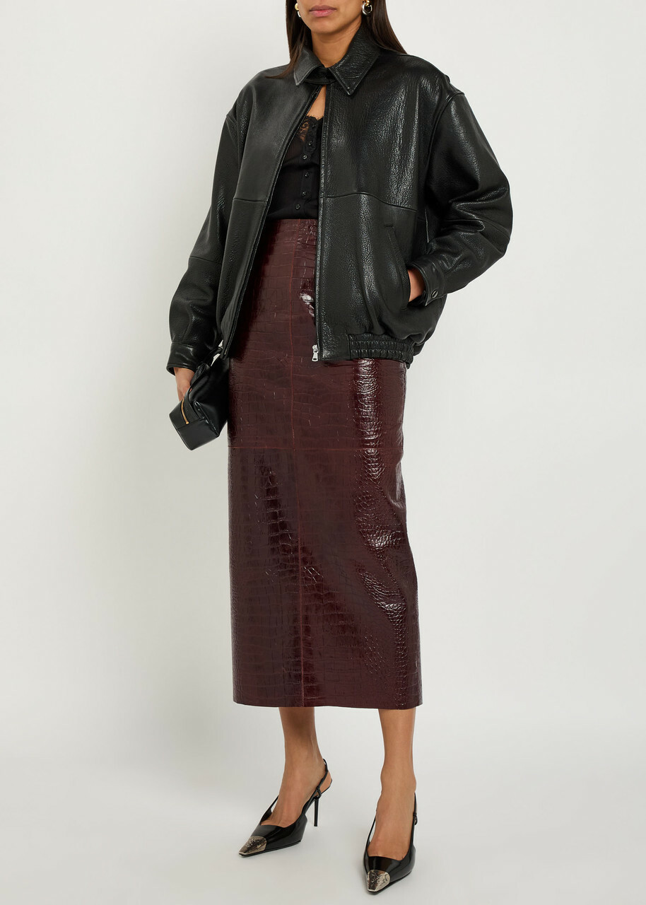 Nour Hammour Elyse Crocodile-effect Leather Midi Skirt Black