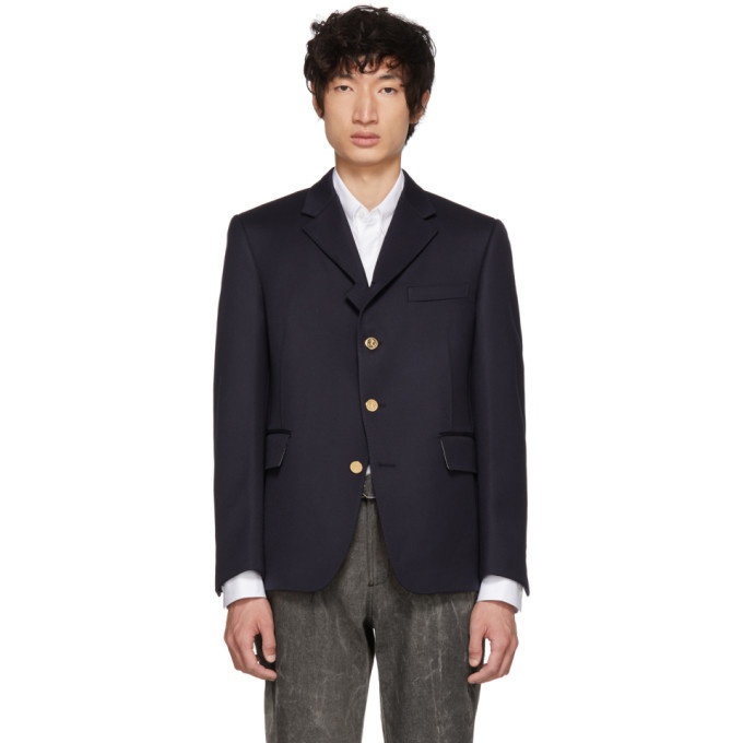 Photo: Thom Browne Navy Four-Button Pintuck Single-Breasted Blazer